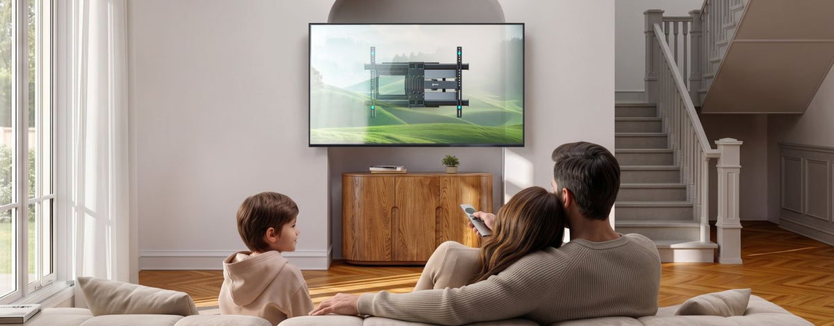 Strefa TV w salonie z telewizorem zamontowanym na uchwycie ściennym po zmianie układu mebli.